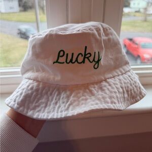White Handy Hats Bucket Hat with Green "Lucky" Embroidery